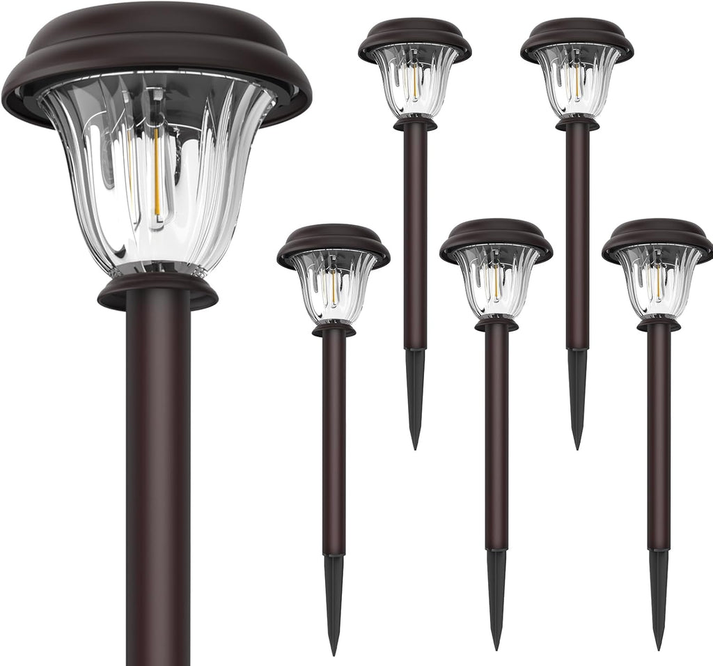 DERAYSION Solar Lights Outdoor 6 Pack, Stainless Steel Glass Solar Pathway Lights, Auto On/Off Long-Lasting Waterproof Landscape Lighting for Garden, Landscape, Path, Yard, Warkway (Warm White)