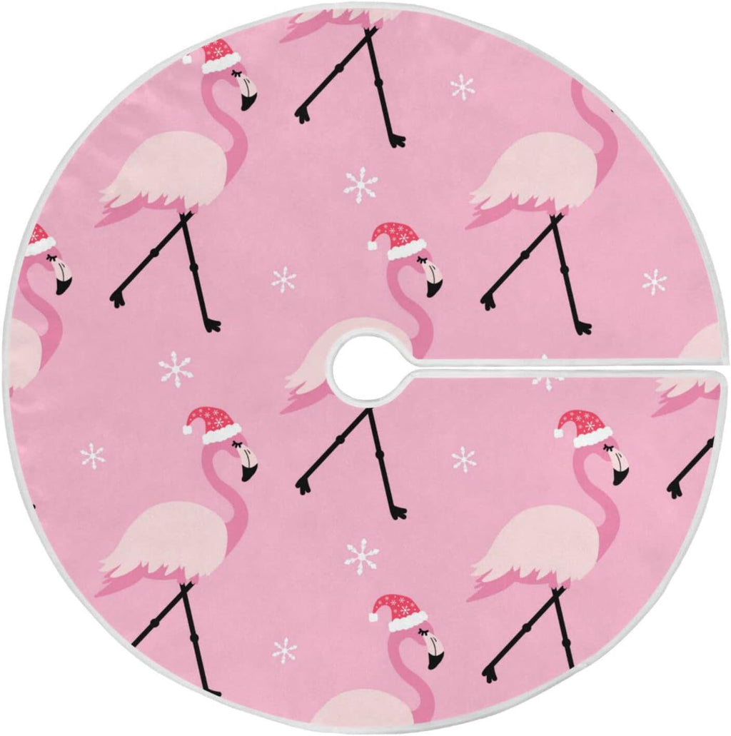 Christmas Pink Flamingo Tree Skirt, Seasonal Tree Mat Holiday Party Supplies Ornaments Indoor Outdoor Decorations for Tabletop Trees 35.4 Inches