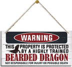 Funny Warning Signs, The Property is Protected By Highly Trained Bearded Dragon Sign, Decorative Wood Hanging Wood Plaque, Warning Wood Sign for Indoor Outdoor Use, Door Gate Hanger, House Decor