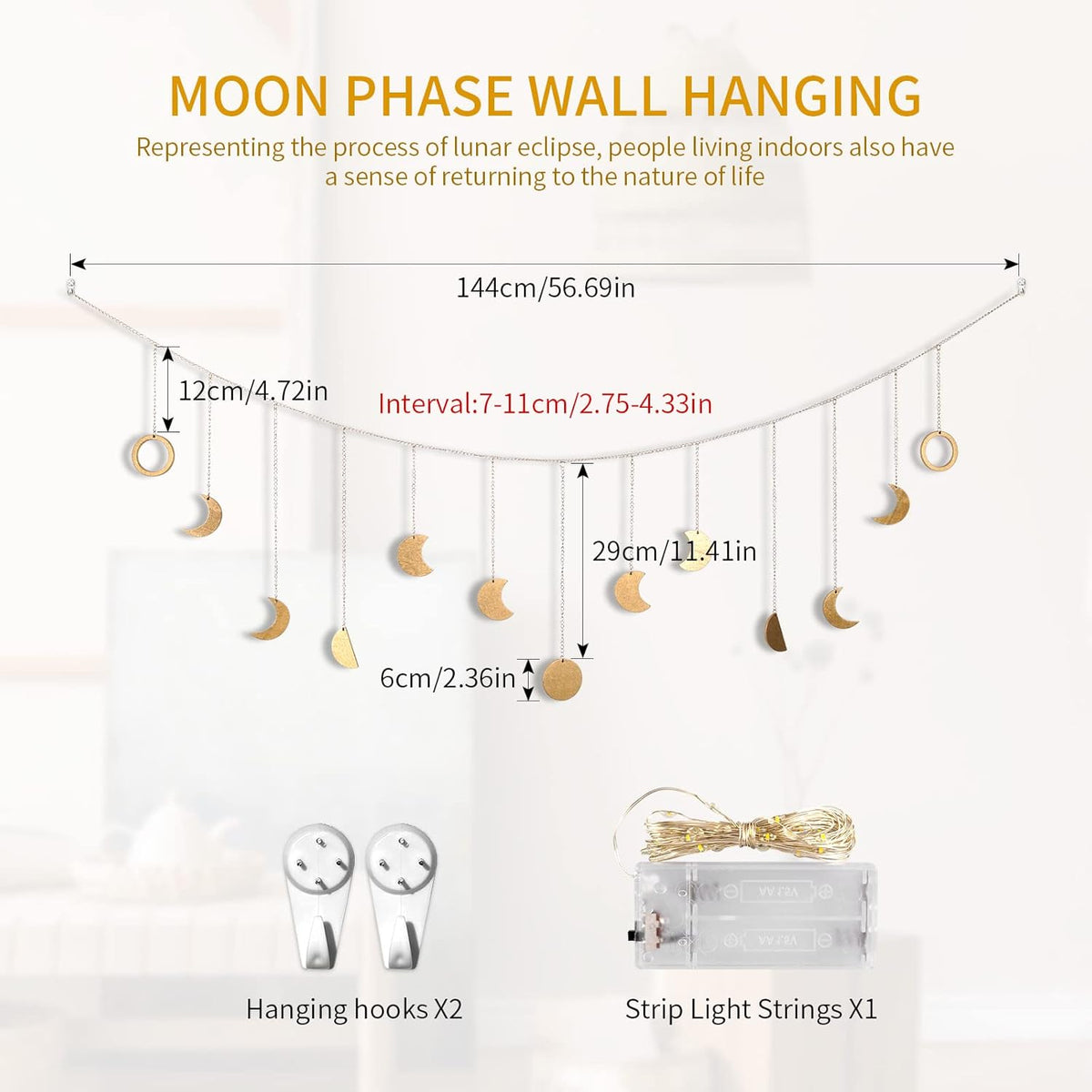 Moon Phase Wall Decor with LED String Light, 13 Gold Wood Boho Wall Hanging Decor Mood Garland 56'' - Celestial Phases Moon Decor in Bohemian Style for Bedroom Home Living Room