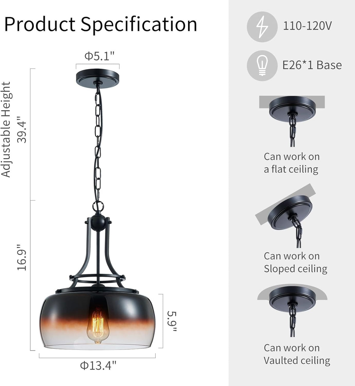 WUZUPS Chandelier Rustic Farmhouse Industrial Round Ceiling Pendant LED Light Fixture with Amber Gradient Black Glass Shades for Dining Room Kitchen Island Foyer Entryway, H 17" x W 13.4", E26 Base