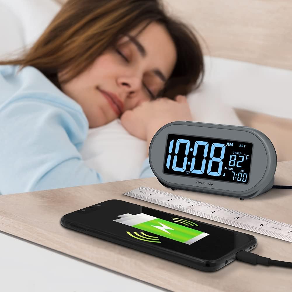 DreamSky Alarm Clocks for Bedrooms, Auto Set Digital Desk Clock for Bedside Nightstand, Electric Clock with Dimmable Brightness Dimmer, Auto DST, USB Port, Date, Temperature, Snooze