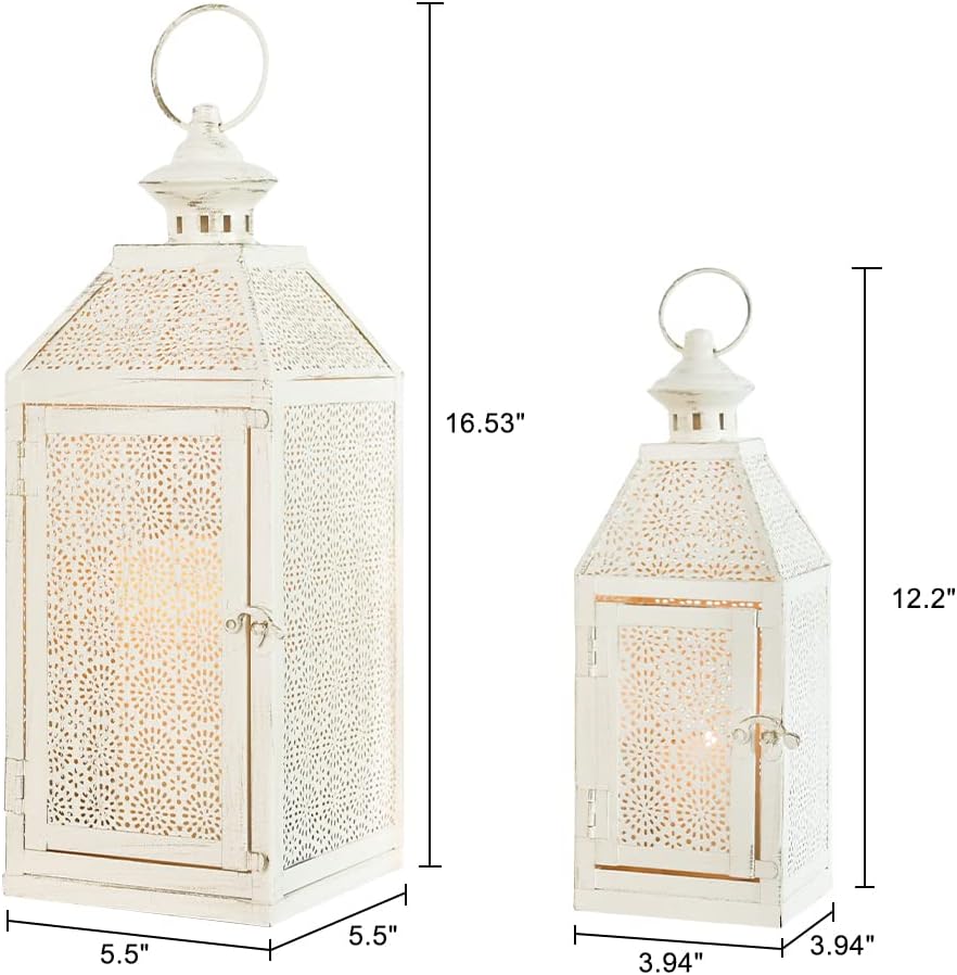NEEDOMO 2Pack Outdoor Lantern, 16" Large White Candle Lanterns Decorative Indoor, Metal Frame with Glass, Vintage Farmhouse Lantern Decor for Front Porch, Garden, Patio, Pathway, Balcony,Yard