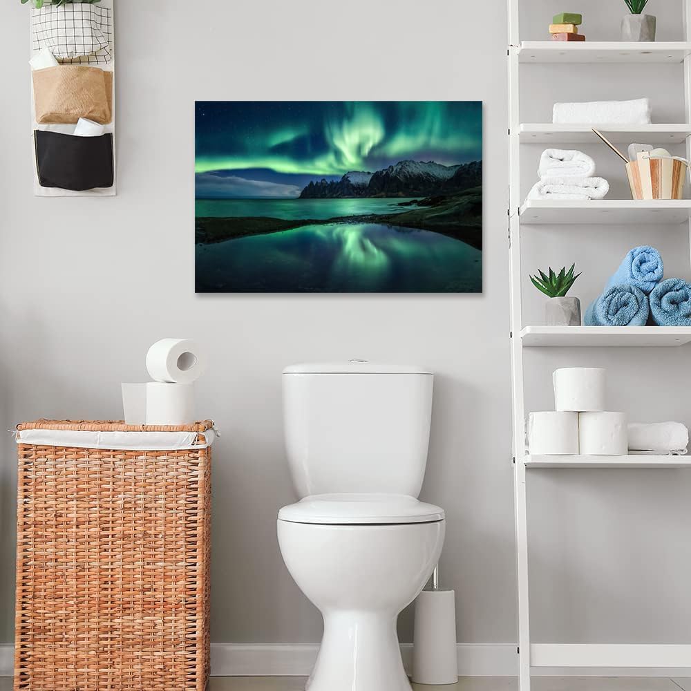 Aurora Borealis Wall Art Painting for Office Bedroom Scenery Landscape Canvas Print Framed Picture Northern Lights Poster Artwork Ready to Hang (28.00"x44.00")