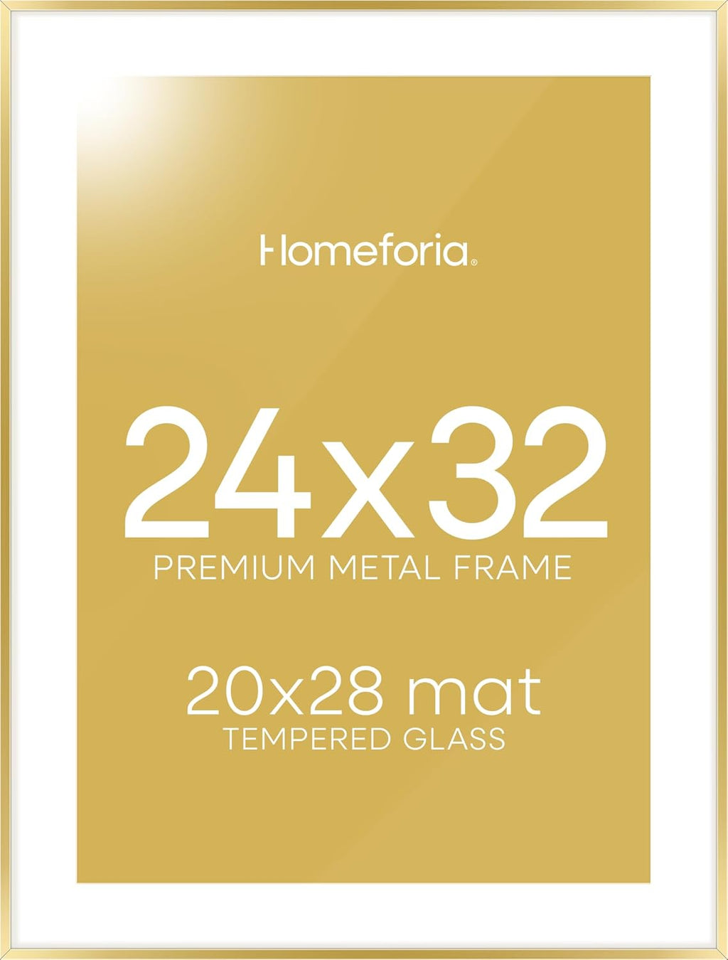 Homeforia 24x32 Poster Frame Gold, High End Metal 24 x 32 Large Picture Frames with Mat 20 by 28 for Photo, 24x32 Gold Frame Matted to 20x28 inch Print, 32x24 Frame, Tempered Glass, Wall Kit, Set of 1