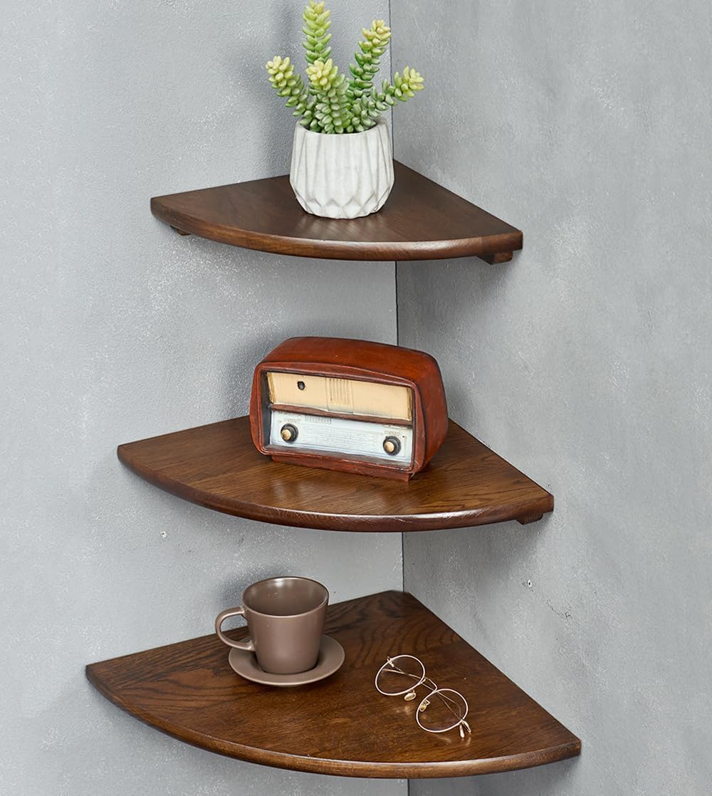 Corner Shelves, Floating Corner Shelf, Set of 3 Solid Oak Wood Corner Wall Shelves, Round End with Wire Hole Shelving for Small Plant for Bedroom Kitchen, Living Room (Size 9/10/12in)