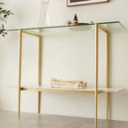 Glass Console Table for Living Room, Foyer & Entrance, 2-Tiers Mid-Century Modern Sofa Table with Clear Glass Top, White Marble Finish Wood Shelf and Gold Finish Frame