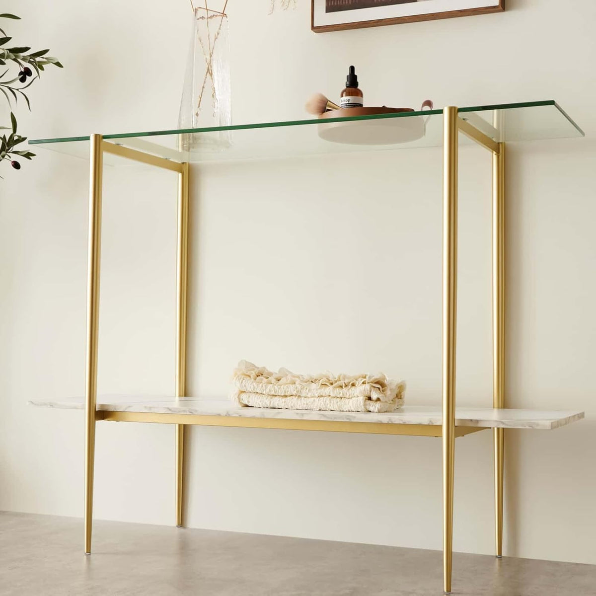 Glass Console Table for Living Room, Foyer & Entrance, 2-Tiers Mid-Century Modern Sofa Table with Clear Glass Top, White Marble Finish Wood Shelf and Gold Finish Frame