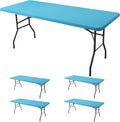 Fitted Tablecloth for 8 Foot Rectangle Table-4 Pack Light Blue Elastic Outdoor Picnic Table Cover-Spandex Stretch Folding Tablecloths 8ft for Camping Dining Room Patio Kitchen Banquet Party