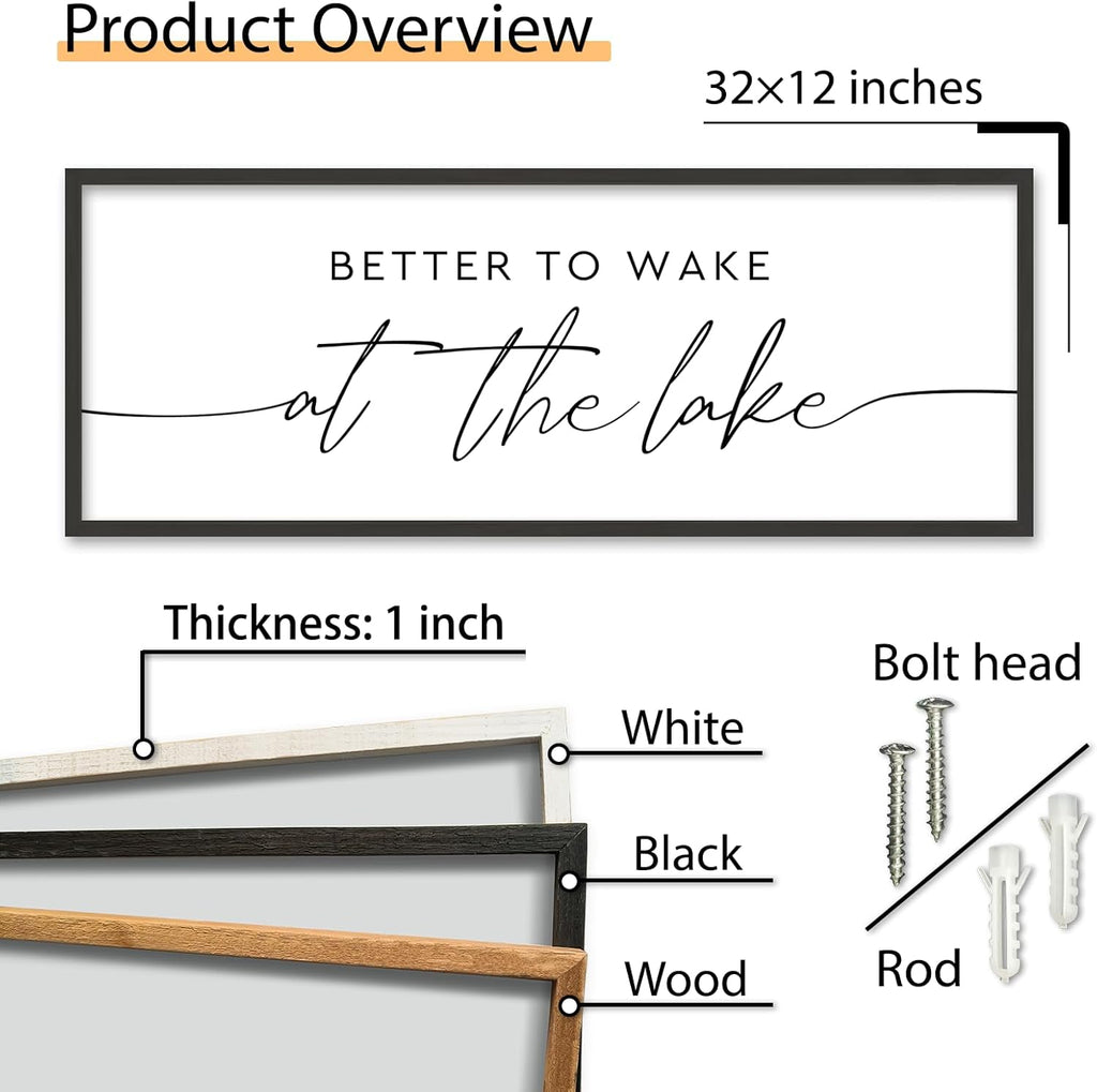 SRSZHIYUE Better To Wake At The Lake Wall Decor Above Bed Sign 32"×12" for Lake House Bedroom Over Bed Large Wood Framed Wall Hanging Art (Black)