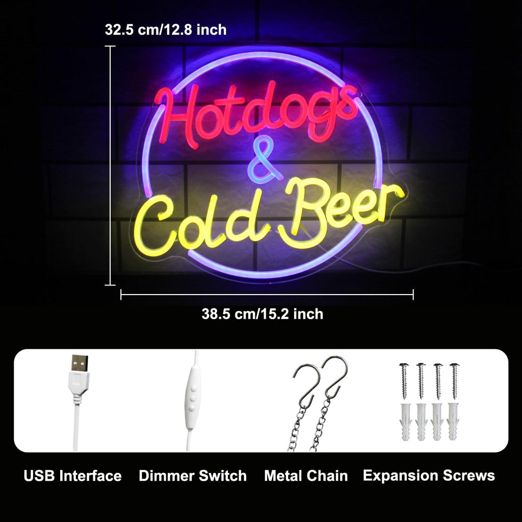 Hot Dogs and Cold Beer Neon Sign for Wall Decor Dimmable Bar Neon Light Sign Colorful LED Neon Signs Beer Neon Light Wall Art LED Sign for Bar Restaurant Shop Food Court Party Decor