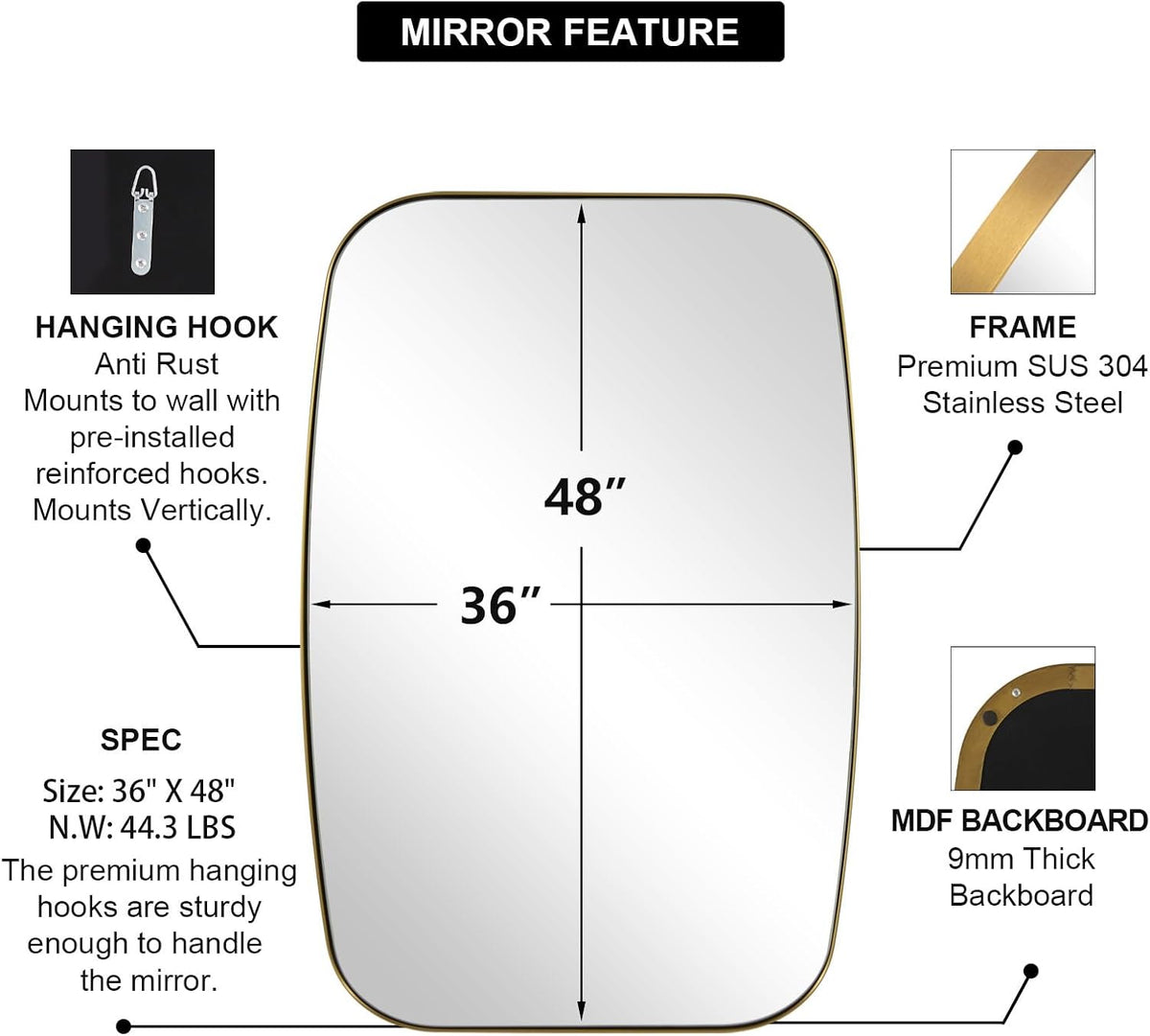 ANDY STAR Gold Oblong Mirror, 36x48 Inch Gold Oval Mirror for Bathroom with Stainless Steel Metal Frame, Wall Mouned for Bathroom, Living Room, Entryway