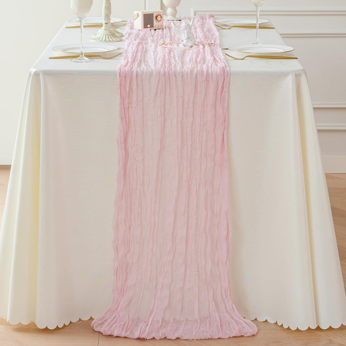 Sioloc 1 Pack Light Pink Cheesecloth Table Runner Fall Autumn Decor for 10ft(35" x120" ) Table Cloth for Tea Wedding Birthday Party Baby Bridal Shower Halloween Thanksgiving