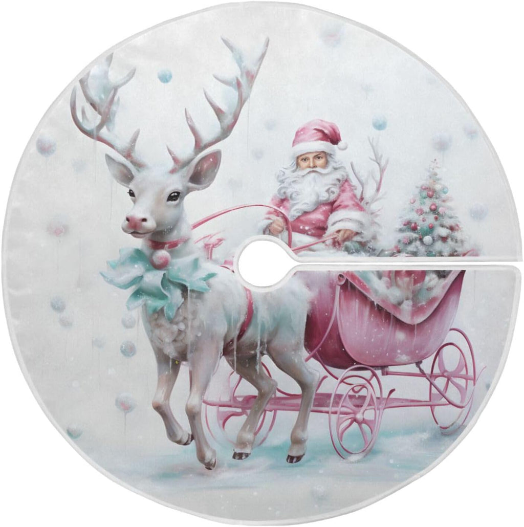 Christmas Tree Skirt, 48 Inch Santa Claus Pink Reindeer Xmas Tree Mat for New Year Party Decorations