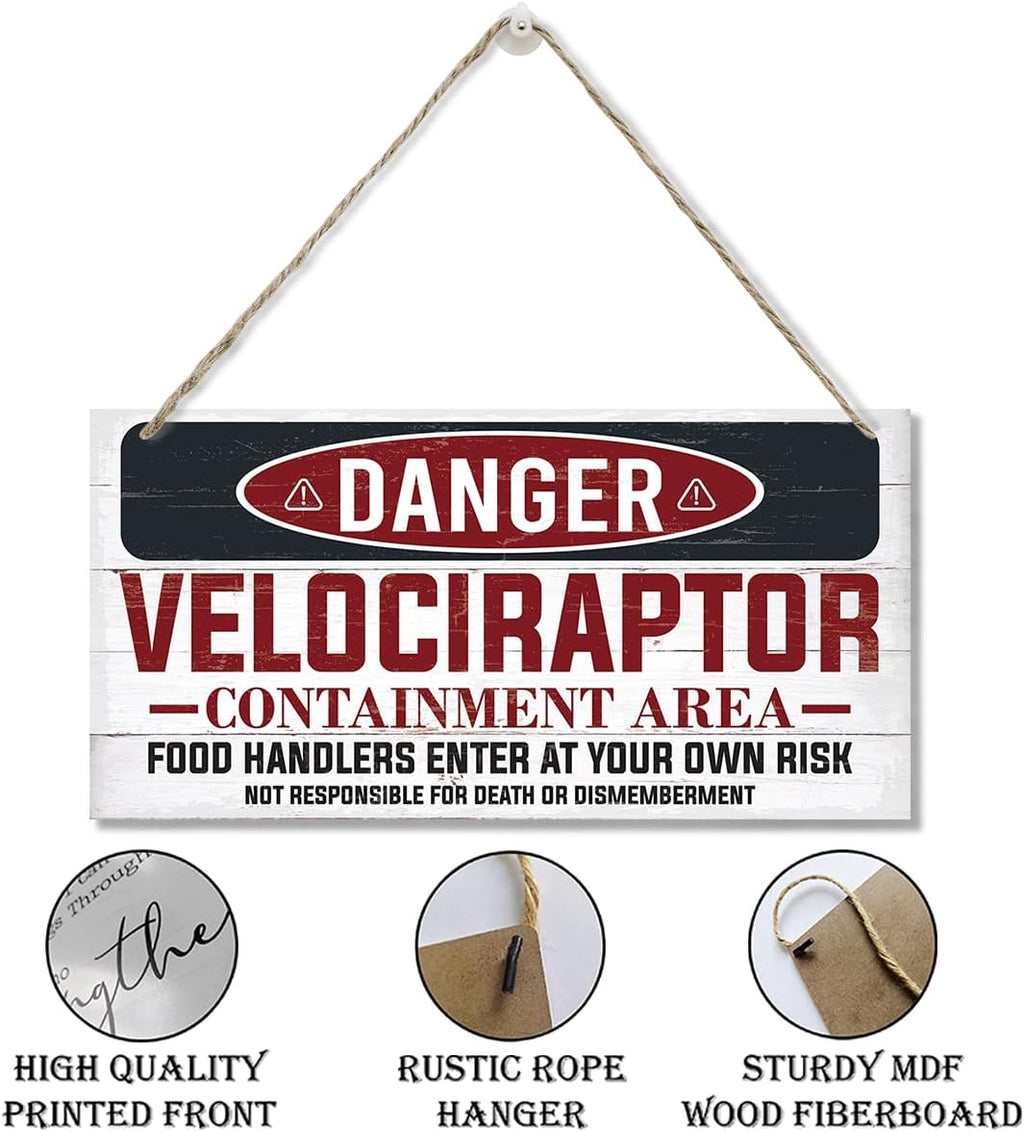 Warning Velociraptor Containment Area Sign, Danger Dinosaur Park Decor, Decorative Hanging Wood Plaque, Farmhouse Indoor Outdoor Decor, Door Gate Hanger, Novelty Sign