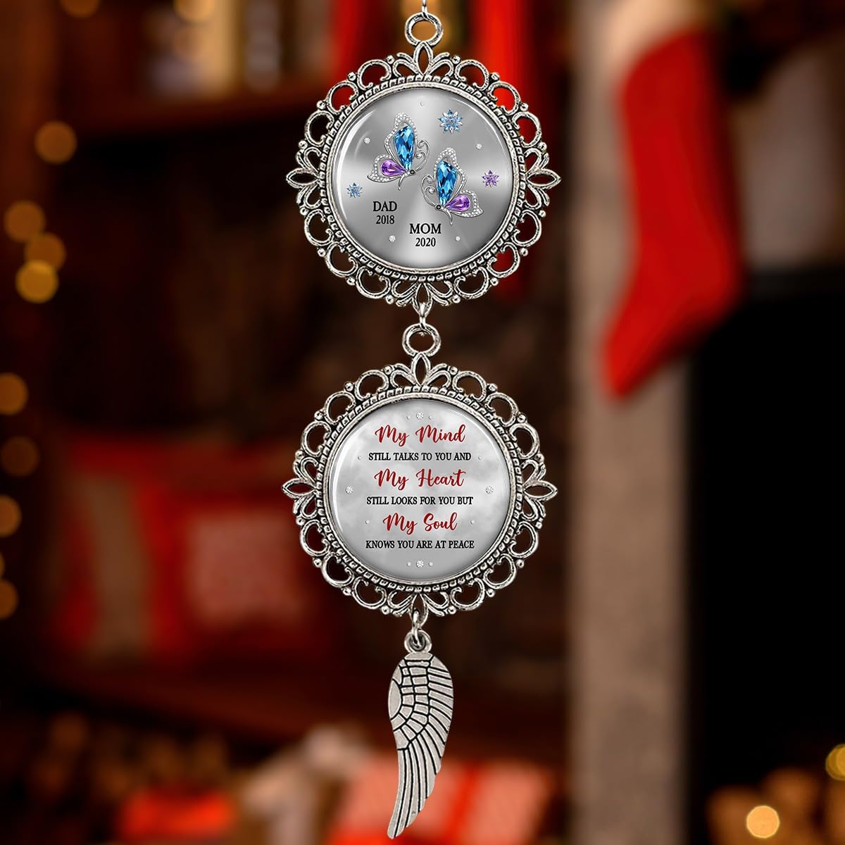 Memorial Car Rearview Ornament with Custom Names - My Mind Still Talks to You with Wing Charm Christmas Ornament Car Mirror Hanging Accessories Grieving Remembrance Sympathy Gift for Loss