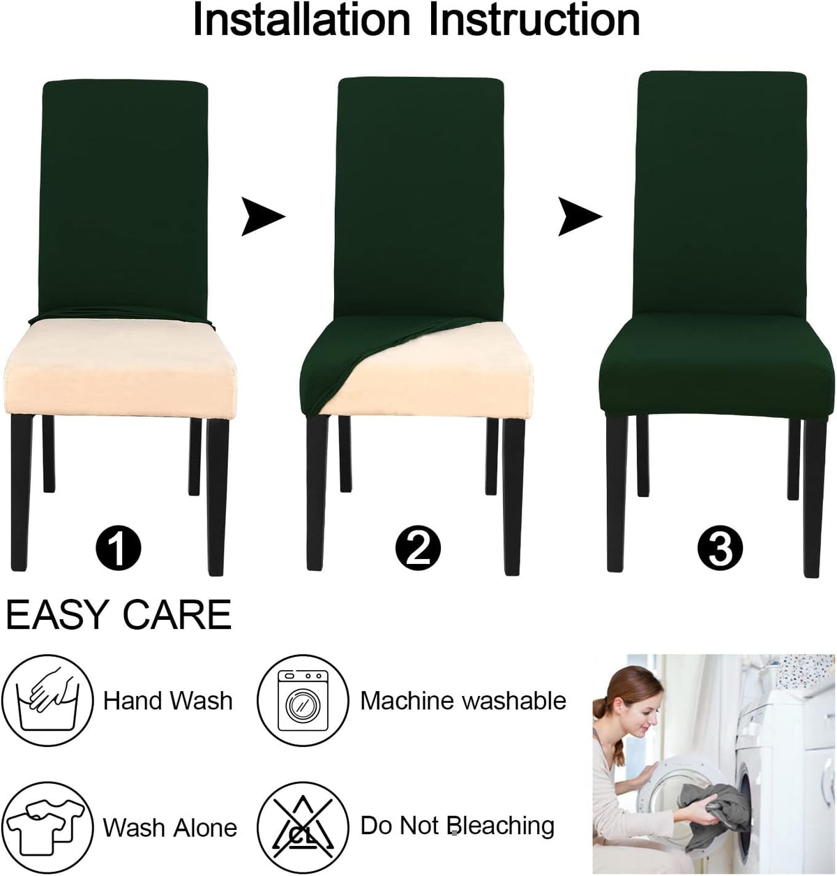 JQinHome Chair Covers for Dining Chairs, High Stretch Removable Washable Chair Protector Cover Set of 4, Chair Slipcovers for Dining Room, Kitchen,Home Party,Wedding Ceremony(Hunter Green, 4PC)