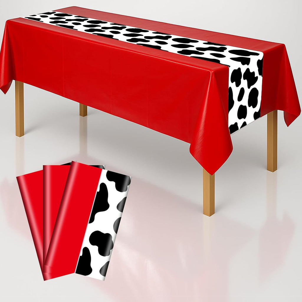 3 Pack 108 x 54 Inch Cow Print Tablecloth Cow Plastic Table Cover Birthday Party Table Cloth Disposable Plastic Farm Animal Party Cover for Disco Cowgirl Decorations Supplies Red