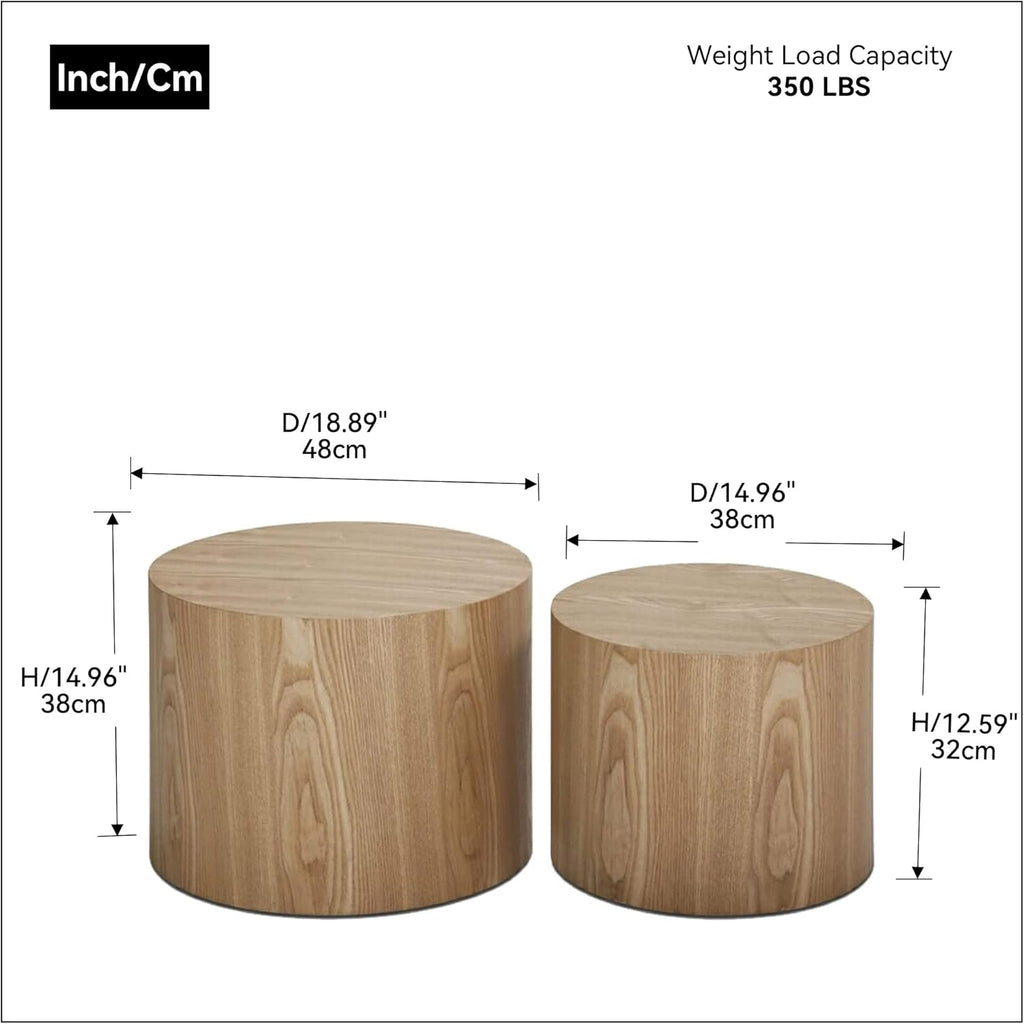 WILLIAMSPACE 18.9" Round Nesting Coffee Table Set of 2, Modern Wooden Coffee Tables Circle Side Table for Small Space, Accent End Table Set, No Assembling, Matte Oak