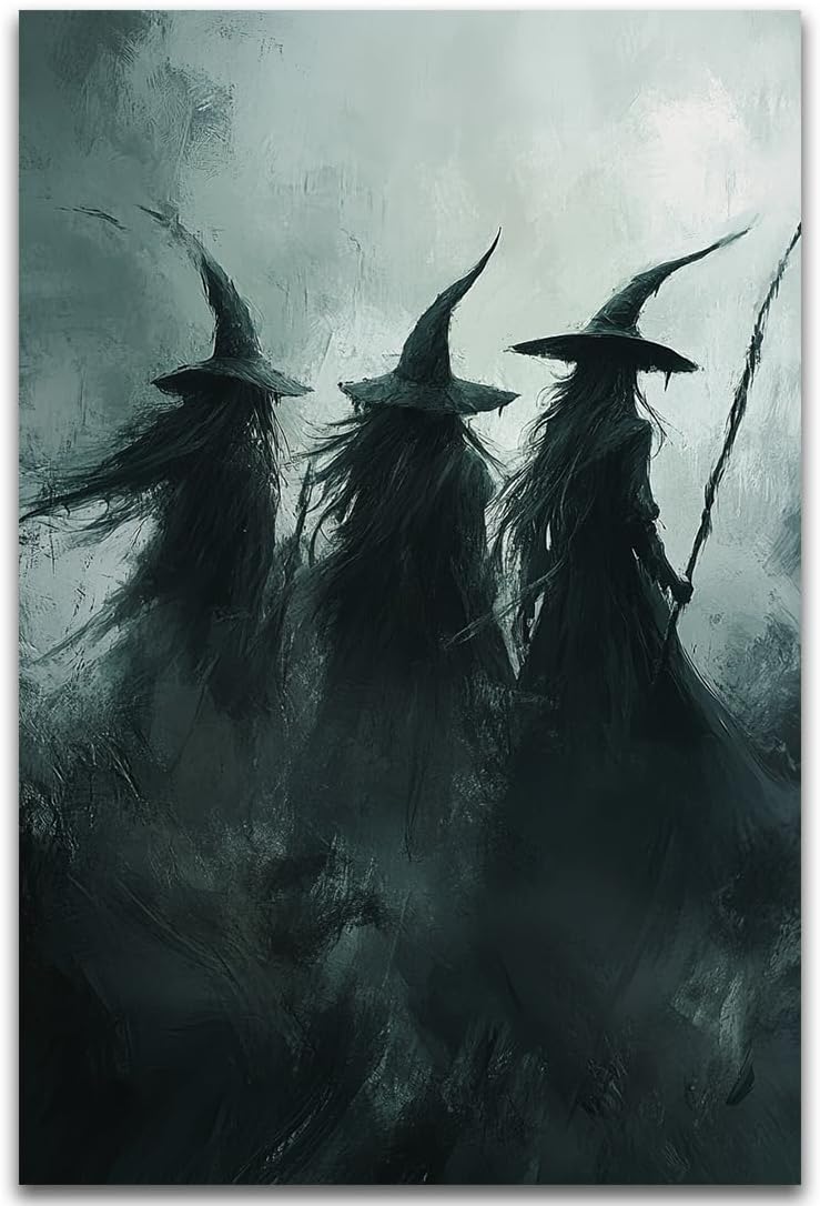 Gothic Witchs Horror Halloween Wall Art,Three Witches in Moody Forest Painting Wall Decor,Autumn Spooky Witches Forest Canvas Printing For Gallery Living Room Bedroom,20"x30" Unframed