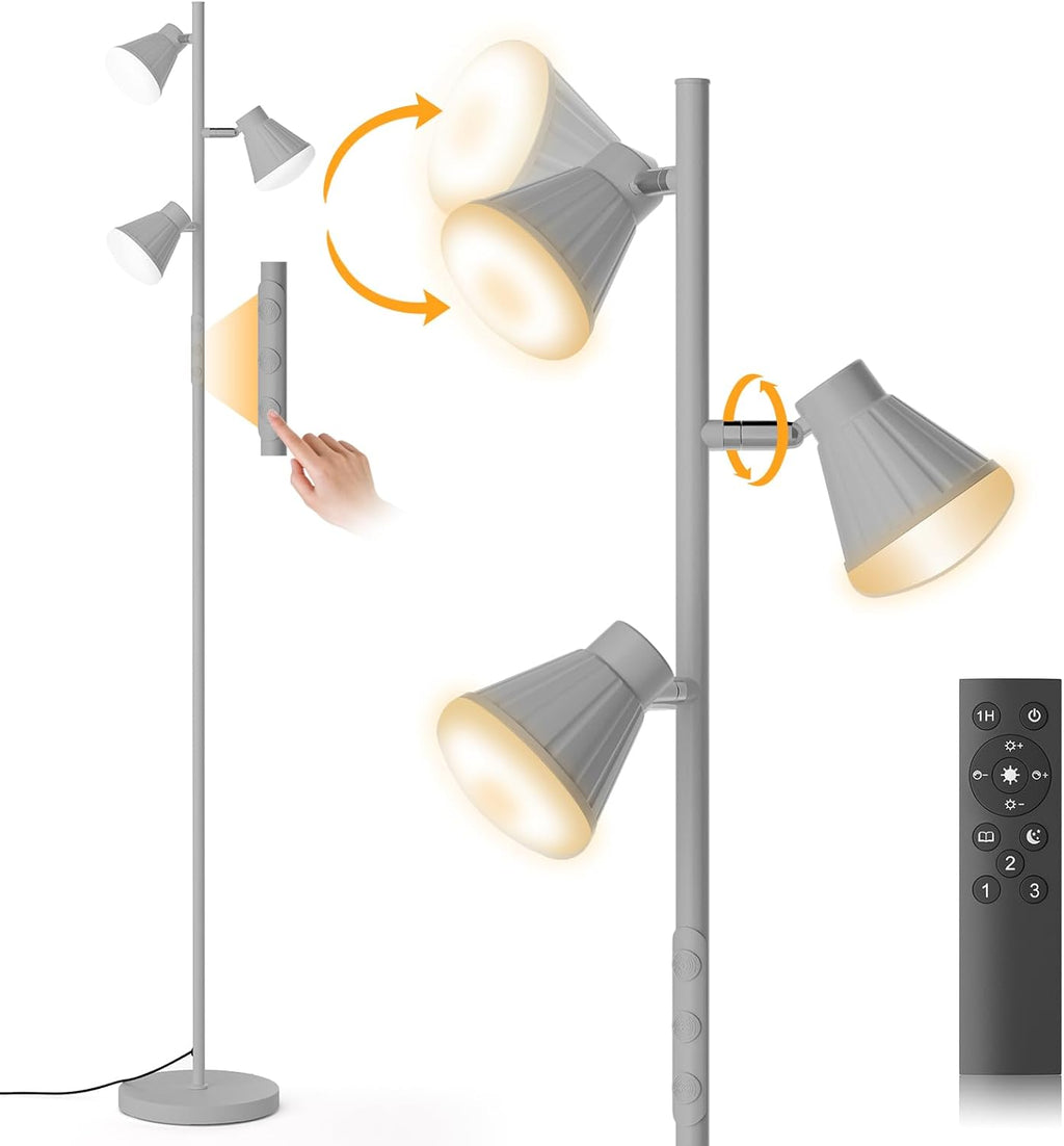 36W LED Tree Floor Lamp, Dimmable Tall Standing Lamp with Remote & Touch Control, 4 Color Temperatures Bright Floor Lamp, 3 Rotatable Light Modern Floor Lamps (Silver Gray)