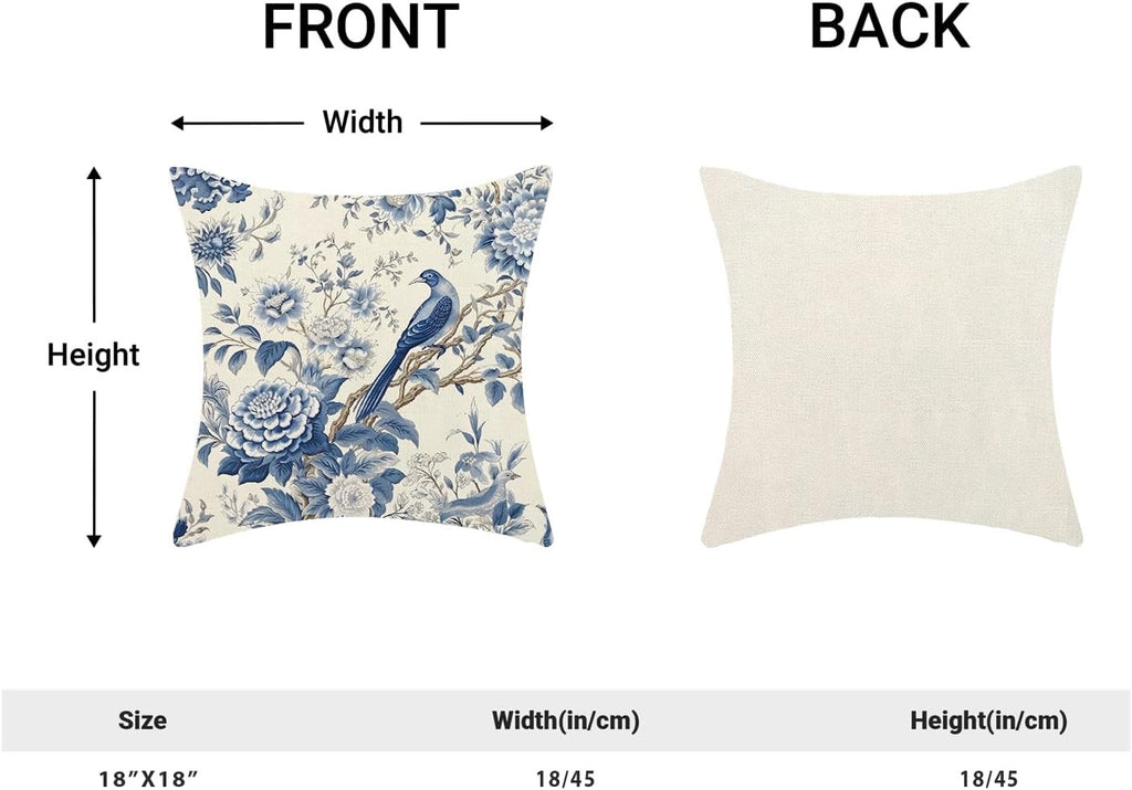 CXMEIFLY Spring Floral Pillow Covers 18 x 18 Inch Set of 2 for Chinoiserie Flowers Bird Decor Throw Pillows Vintage Blue and White Plant Outdoor Decorative Cushion Cases for Couch Bed Decorations