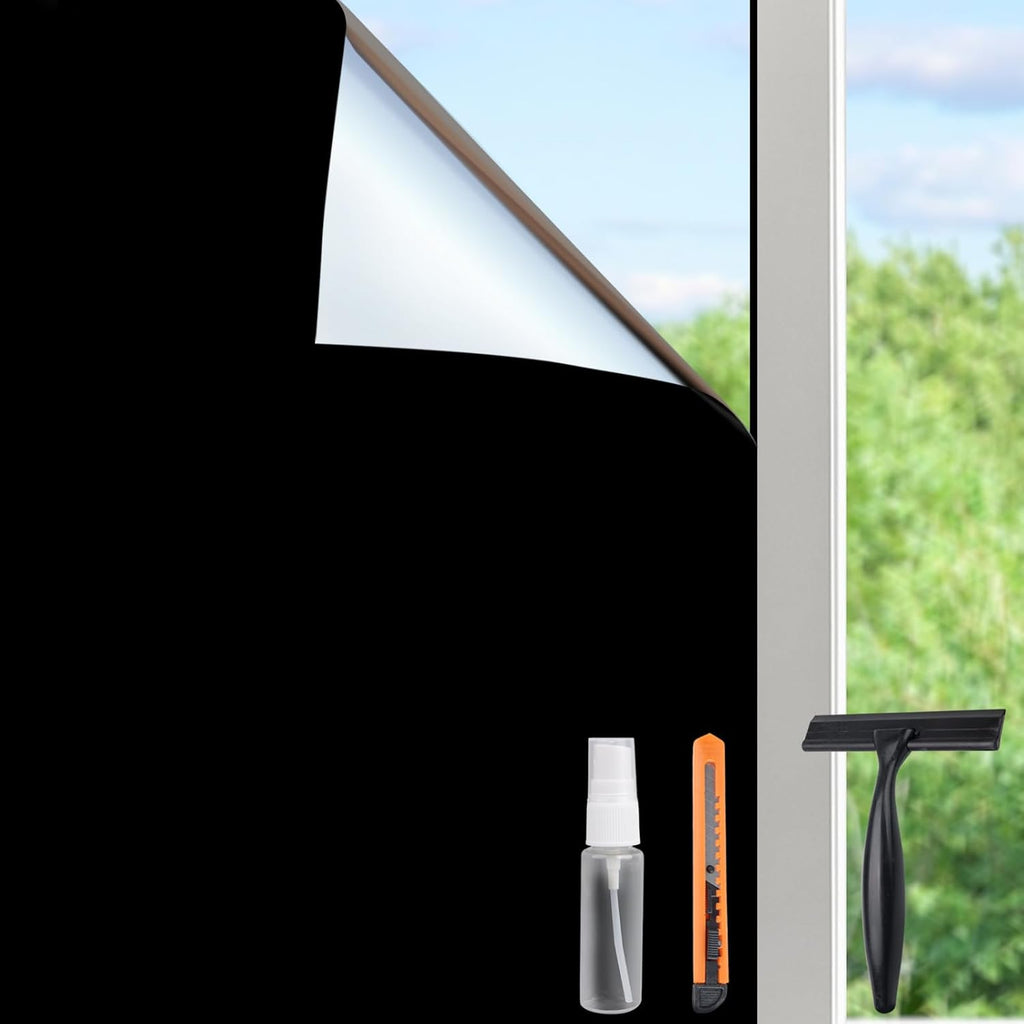 HIDBEA Mirror Blackout Window Film,100% Light Blocking Room Darkening Window Privacy Film,Mirror Glass Window Film Heat Control,Removable Window Cover Tint for Day Sleep(Mirror Black,29.5in x 6.5ft)