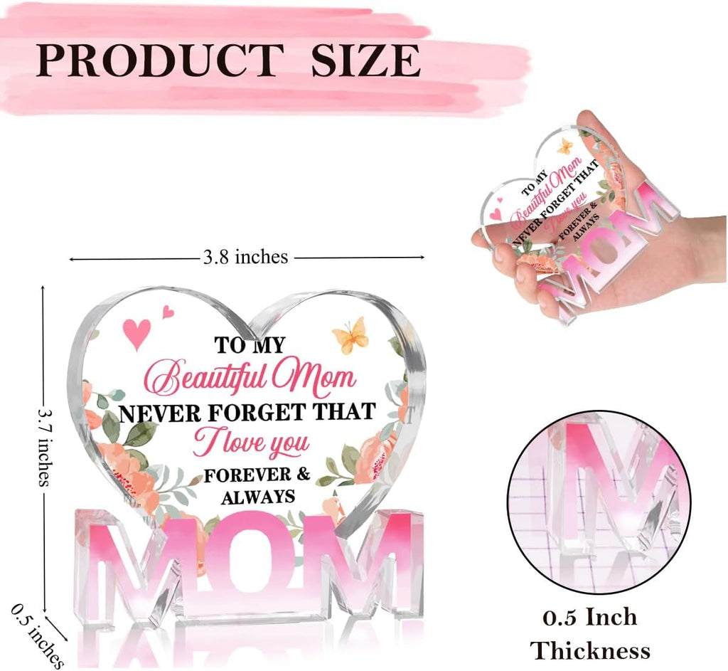 Mothers Day Gifts Best Mom Gifts -Gifts for Mom from Daughter Son - Best Mom Ever Gifts Unique Mother Birthday Acrylic Heart-Shaped Plaque Desk Decorations Present for Mom Christmas Anniversary