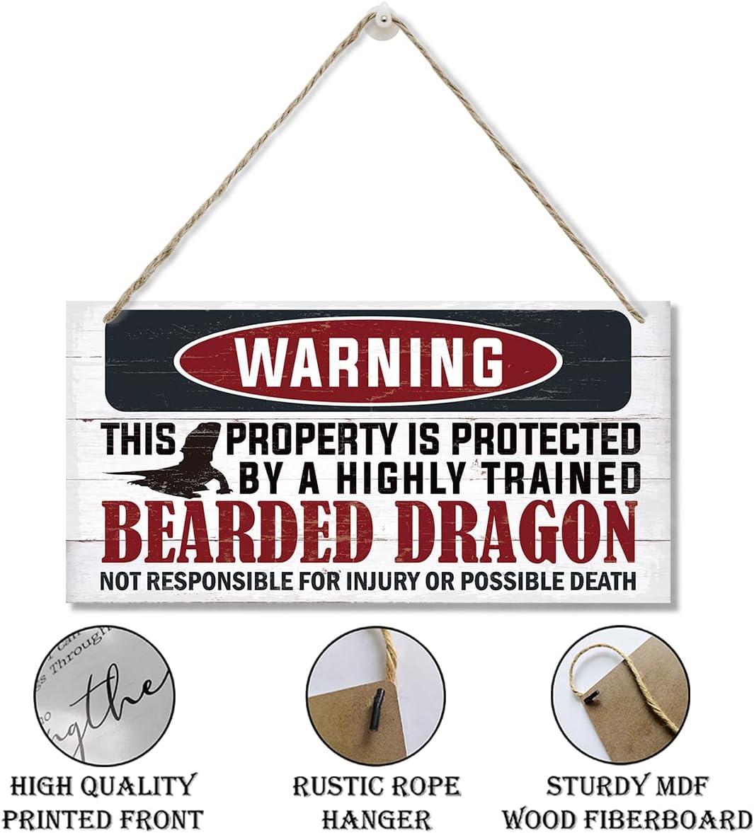 Funny Warning Signs, The Property is Protected By Highly Trained Bearded Dragon Sign, Decorative Wood Hanging Wood Plaque, Warning Wood Sign for Indoor Outdoor Use, Door Gate Hanger, House Decor