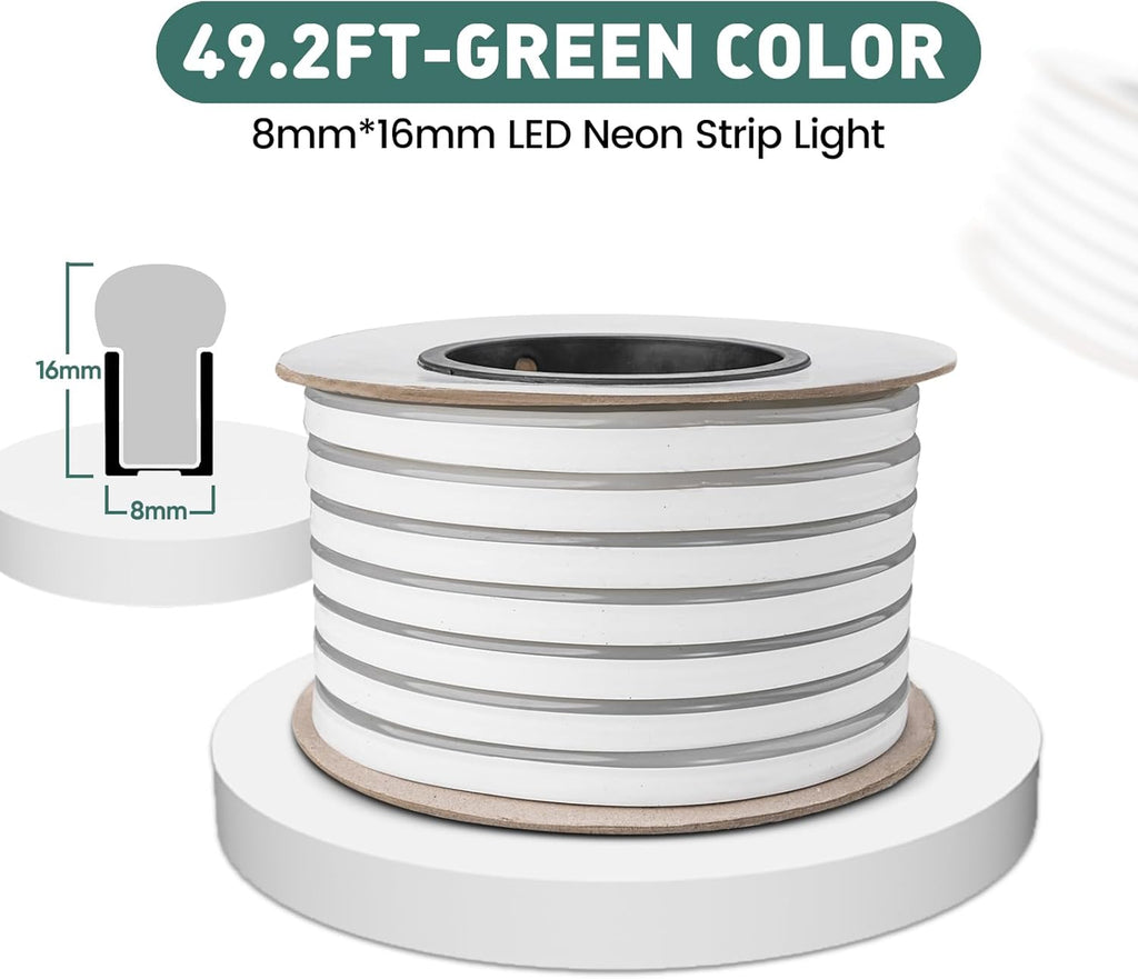 GZBtech Flexible LED Neon Rope Lights 50FT,AC 110-120V Waterproof Strip Light, 120 LEDs/M Cuttable Connectable Neon Lighting for Indoor Outdoor Home Decor/Commercial Building Use-Green 15M