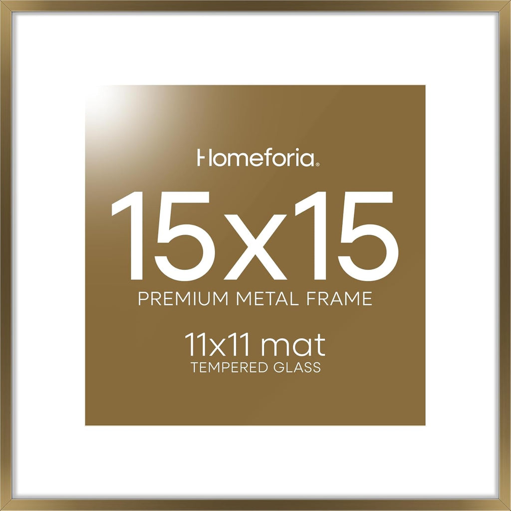 Homeforia 15x15 Picture Bronze Frame, High End Metal 15 x 15 Square Poster Frame with Mat 11 x 11 Photo, 15x15 Brass Frame Matted to 11x11 Print, 15by15 Thin Frames, Tempered Glass, Wall Kit, Set of 1