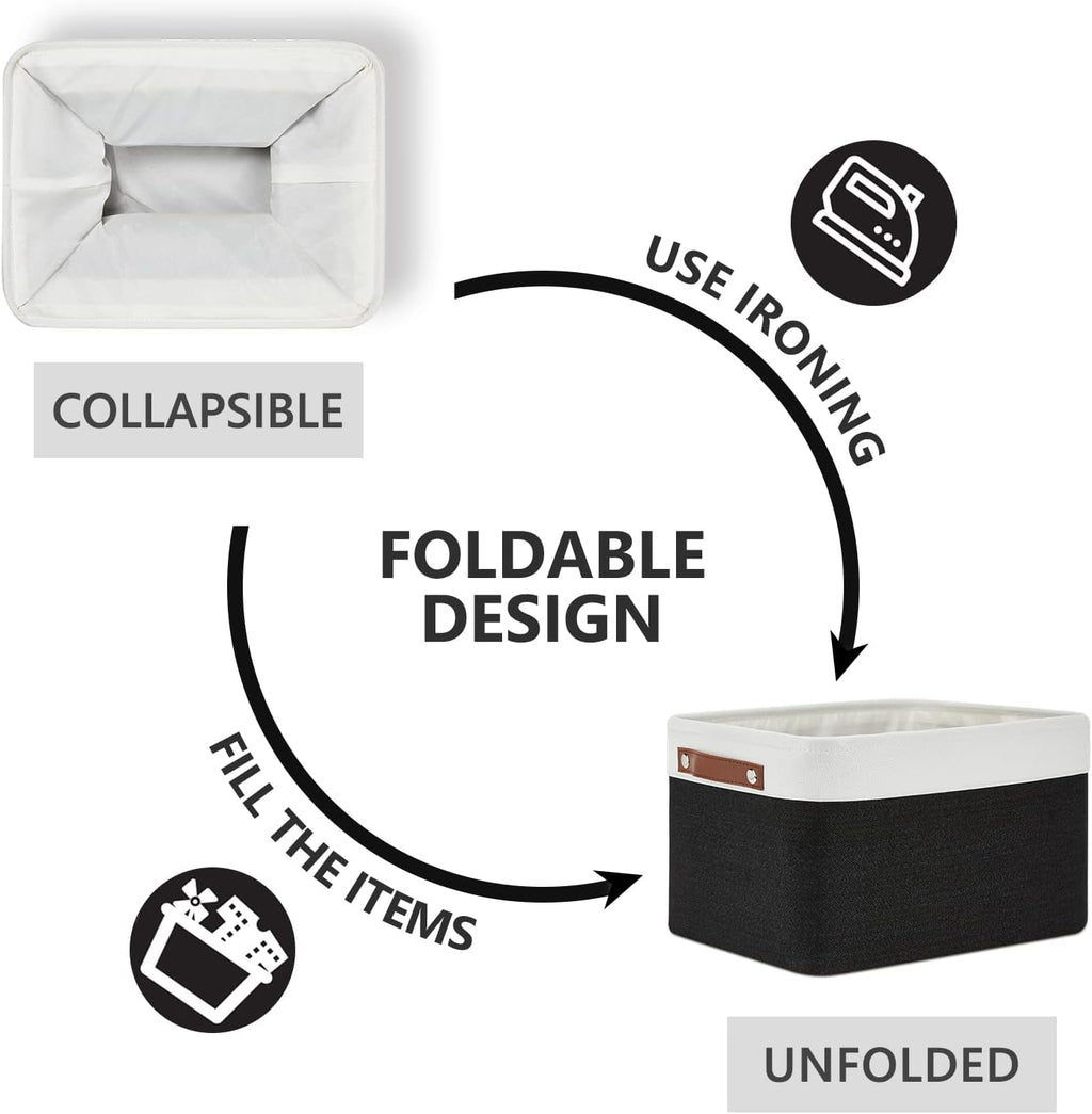 DULLEMELO Canvas Storage Bin with Handles, Fabric Bins for Shelves, Bedroom, Office,Nursery,Fabric Storage Baskets for Toys, Clothes,Gift(3-Pack Medium-15 inch X 11 inch X 9.5 inch , White&Black)