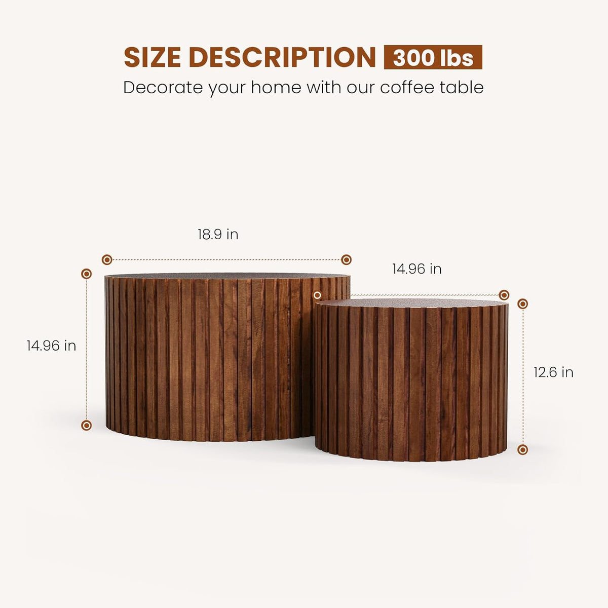 Round Nesting Coffee Table Set of 2 Handcraft Circle Fluted Nesting Coffee Tables Circular Side Table Drum Accent End Tables for Living Room Bedroom (Brown Small)
