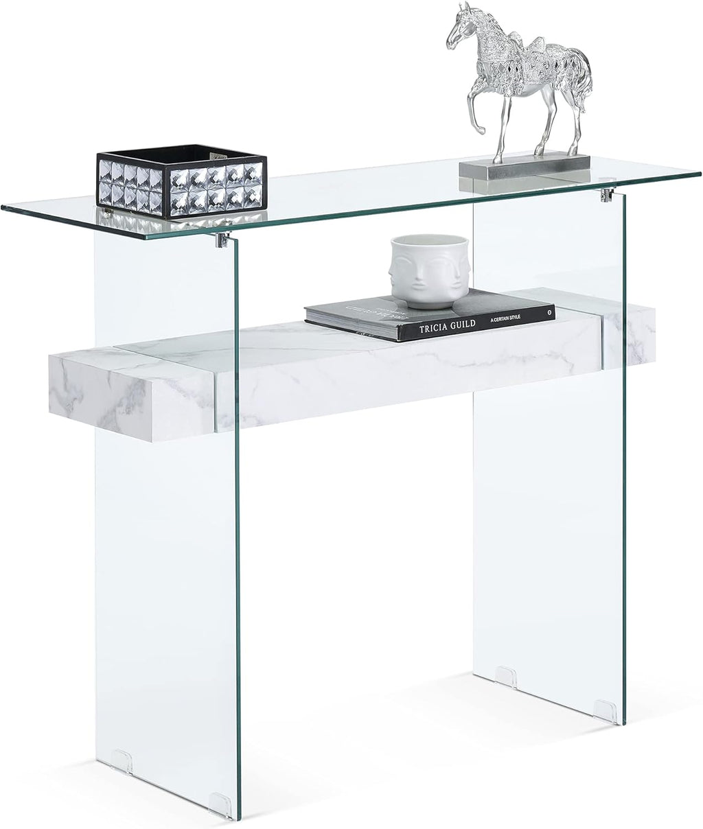 ivinta Glass Entry Table with Storage, 39.4" Modern Console Table for Living Room, Foyer, Hallway, Bedroom 5101 (White)