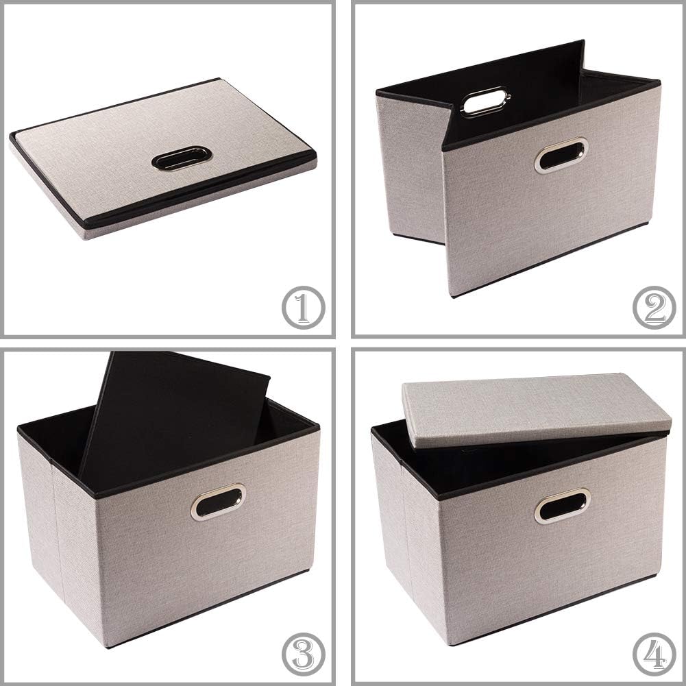 PRANDOM Large Foldable Storage Bin with Lid [1-Pack] Linen Fabric Decorative Storage Box Organizer Container Basket Cube with Handles Divider for Closet Office Living Room Light Grey(17.7x11.8x11.8)