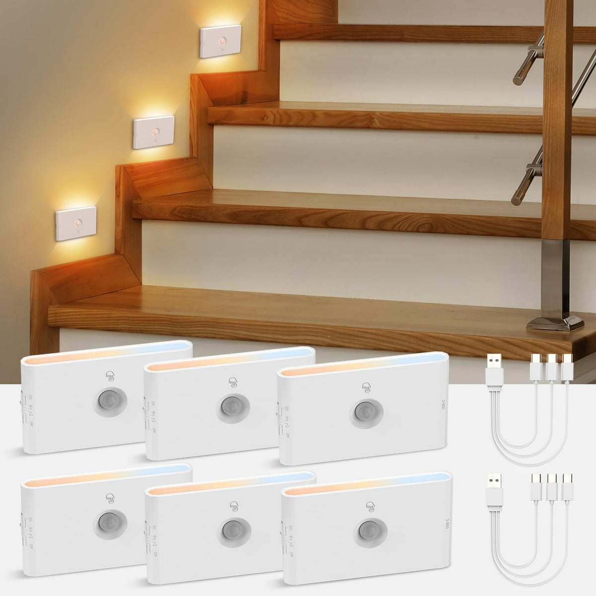 wowatt Rechargeable Motion Sensor Stair Light, White Night Lights with Magnetic Mount, Dimmable Stair Lights Indoor for Stairway, Hallway, Kitchen, Bathroom(6 Packs)