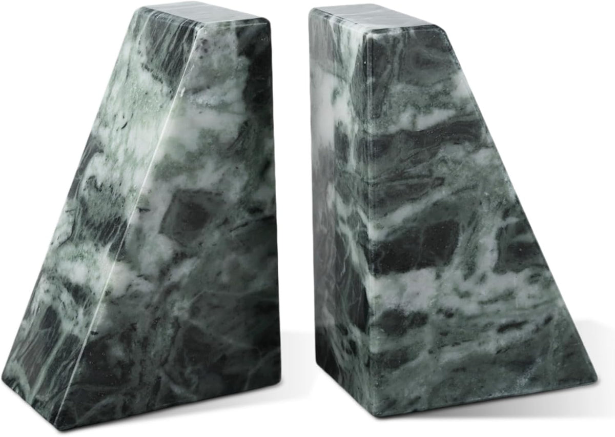 Marble Bookends for Heavy Books, Decorative Bookends for Shelves, Green Stone Book Ends, Heavy-Duty Book Ends for Hardback Book & Cookbooks, Unique Book Stopper & Holder, Set of 2