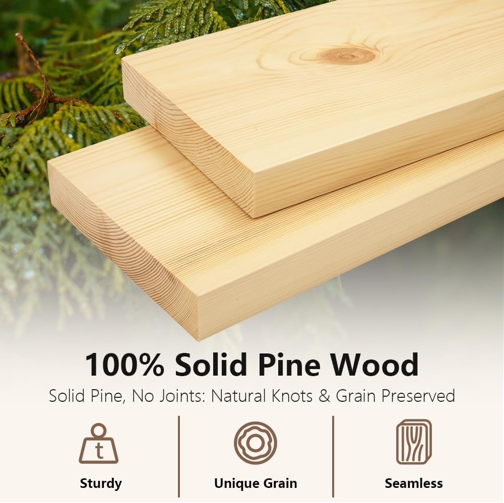 Habudda Floating Shelves for Wall, Solid Pine Wood Shelf for Bathroom Bedroom Kitchen, Rustic Room Decor, Wall Mounted, 30 Inches Long, Set of 2, Natural