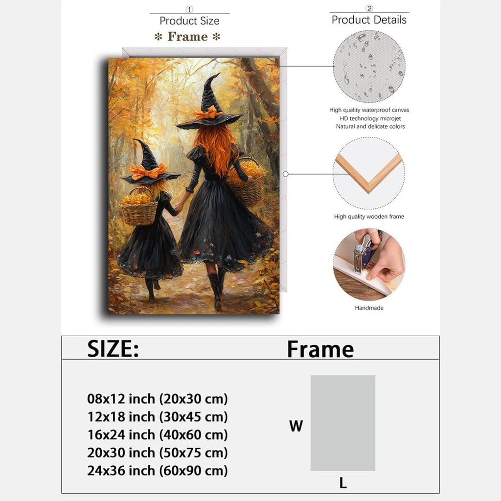 Mother Witch And Child Daughter Witch Wall Art,Halloween Autumn Woodland Forest Path Picture,Family Room Nursery Playroom Kids Room Decor,12"x18" Framed