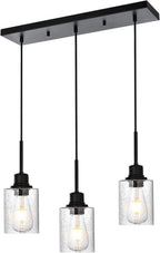 Modern 3-Light Pendant Island Light Fixture Black Ceiling Hanging Lights with Clear Seeded Glass and Adjustable Cord,Industrial Pendant Lighting for Kitchen Living Room Dining Room Foyer