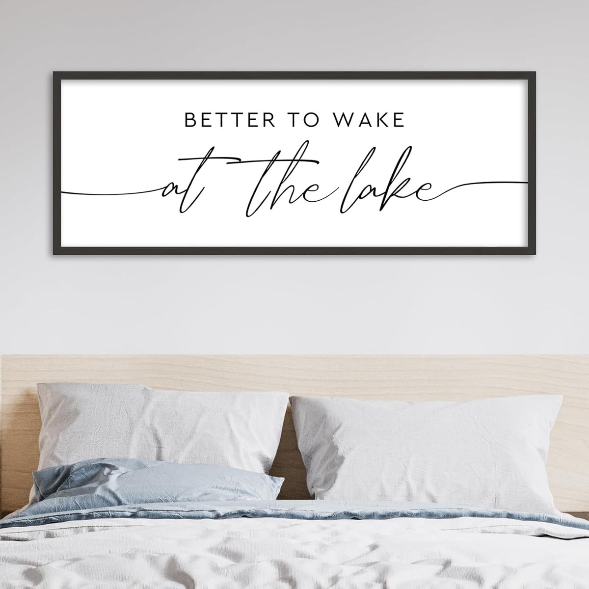 SRSZHIYUE Better To Wake At The Lake Wall Decor Above Bed Sign 32"×12" for Lake House Bedroom Over Bed Large Wood Framed Wall Hanging Art (Black)
