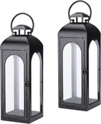 Bdor 2 Pack Luxury Black Metal Lanterns – 16" Tall Modern Hurricane Candle Lanterns with Tempered Glass Panels for Front Porch, Tabletop, Mantel, Wall Hanging, Garden, Indoor & Outdoor Décor