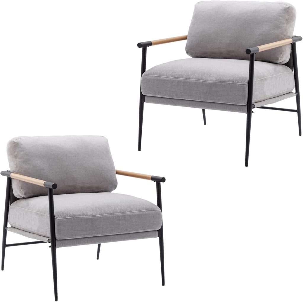 Mid-Century Accent Chair Set of 2, Soft Armchair Chenille Fabric Lounge Chair with Black Metal Legs, Upholstered Leisure Chair for Living Room Bedroom Reception Room, Grey