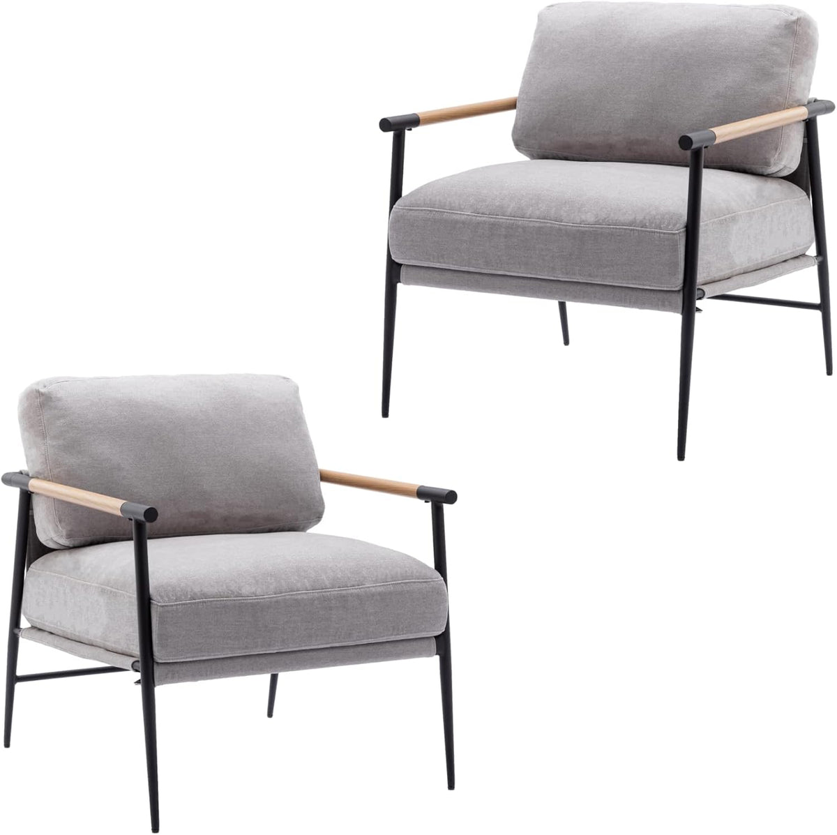 Mid-Century Accent Chair Set of 2, Soft Armchair Chenille Fabric Lounge Chair with Black Metal Legs, Upholstered Leisure Chair for Living Room Bedroom Reception Room, Grey