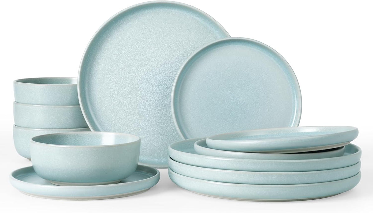 Famiware Milkyway Plates and Bowls Sets, 12 Pieces Dinnerware Sets, Reactive Glaze Dish Set, Stoneware Dishes Set for 4, Light Blue