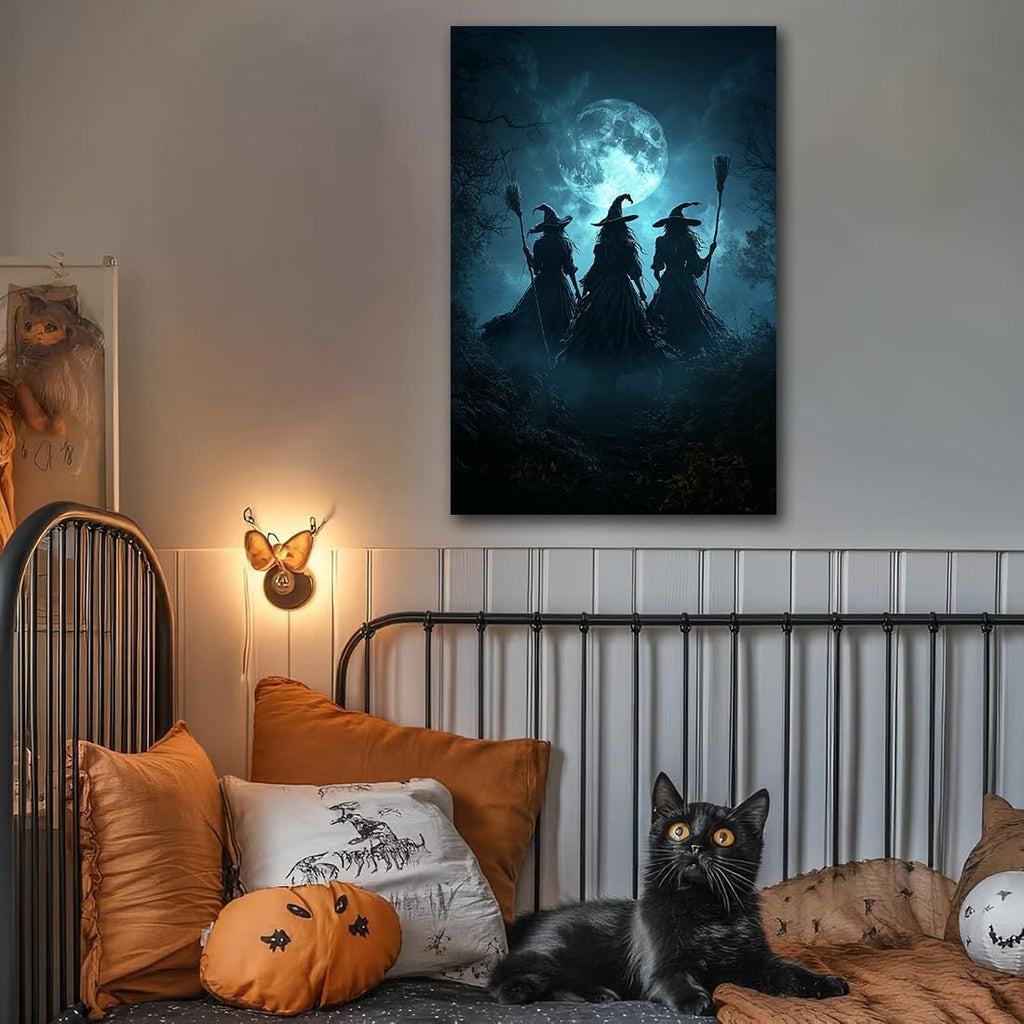 Moonlight Witches Halloween Canvas Art Picture,Three Witches on Broom in Forest Painting Print Gothic Decor,Halloween Witch Poster Witchy Room Aesthetic Bedroom Home Decorations,24"x36" Framed