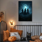 Moonlight Witches Halloween Canvas Art Picture,Three Witches on Broom in Forest Painting Print Gothic Decor,Halloween Witch Poster Witchy Room Aesthetic Bedroom Home Decorations,24"x36" Framed