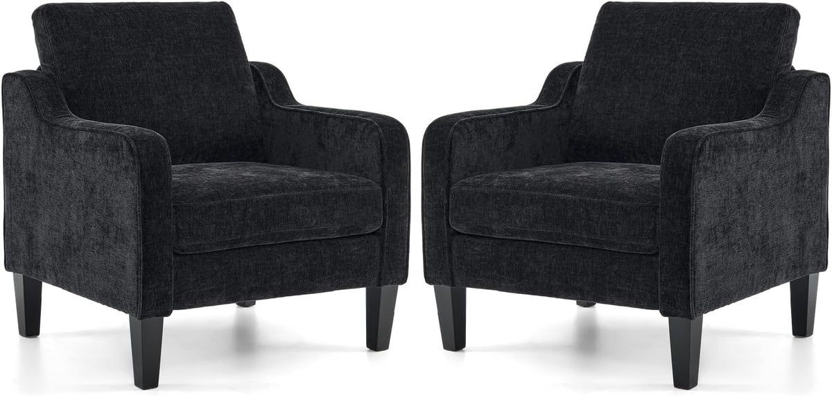 VINGLI Living Room Chairs Set of 2, Black Accent Chair 5.5" Thick Seat Cushion Comfy Chair Soft Chenille Side Chair Upholstered Arm Chair for Bedroom, Play Room, Apartment, Office (Black)