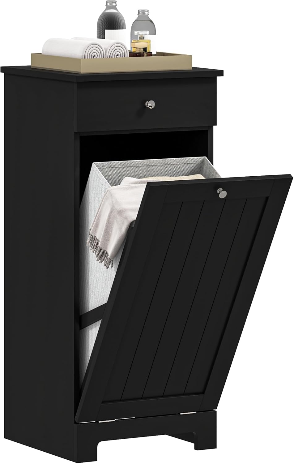 HOMCOM Laundry Hamper with Removable Basket, Tilt Out Hamper with Drawer and Beadboard Door, Bathroom Storage Cabinet, Black
