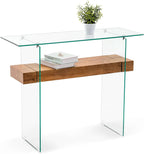ivinta Glass Console Table with Storage, 39.4" Modern Narrow Entryway Table for Living Room, Entrance, Hallway or Bedroom 5101 (Natural Wood)